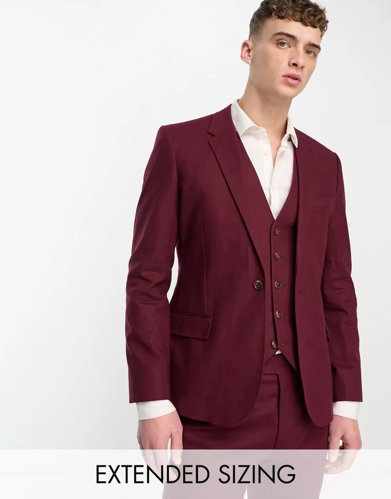 Бордовый приталенный пиджак из смесового льна ASOS
