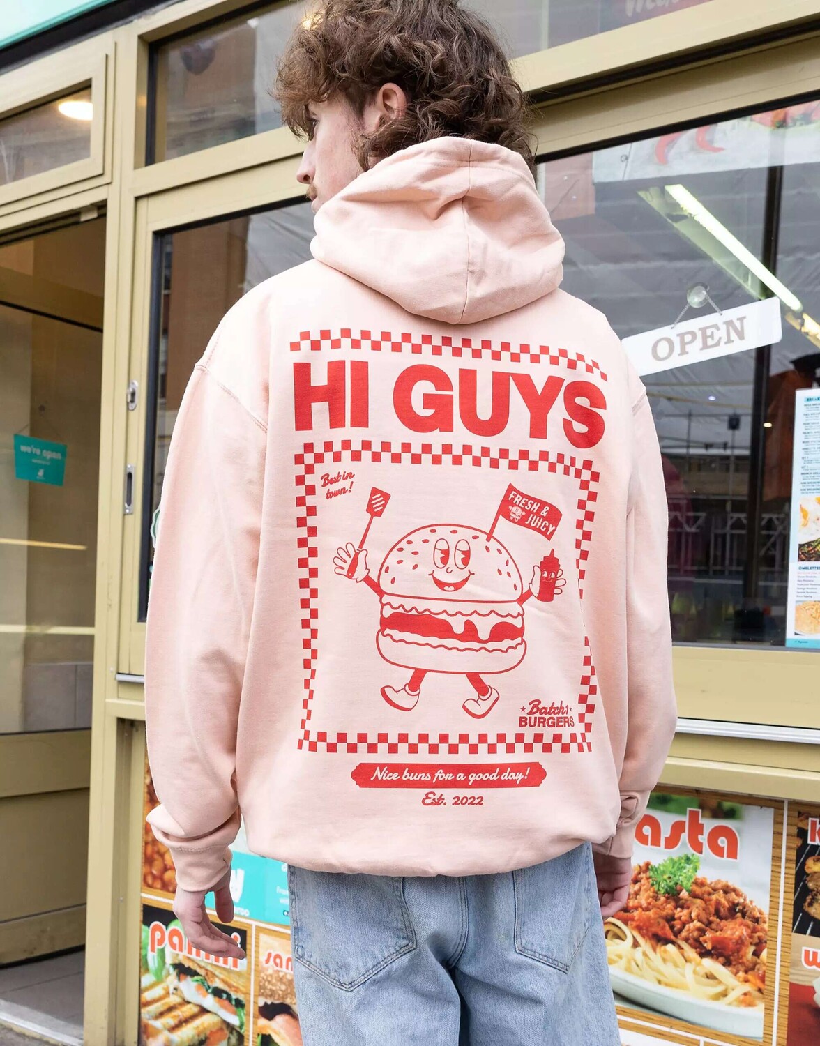 

Персиковое худи унисекс с рисунком гамбургера Hi Guys Batch1