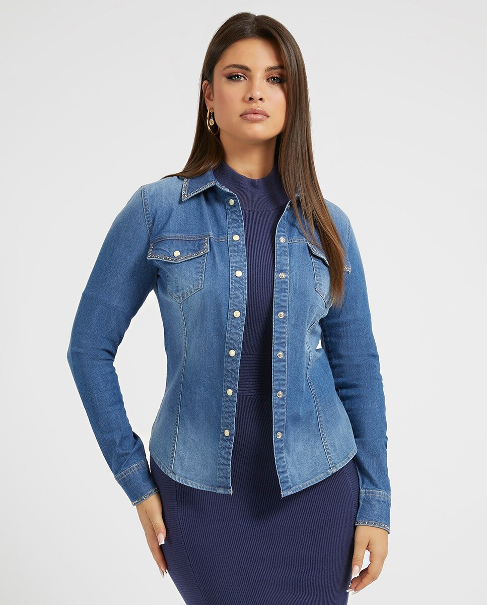 

Джинсовая женская рубашка с блестящими деталями Guess, синий