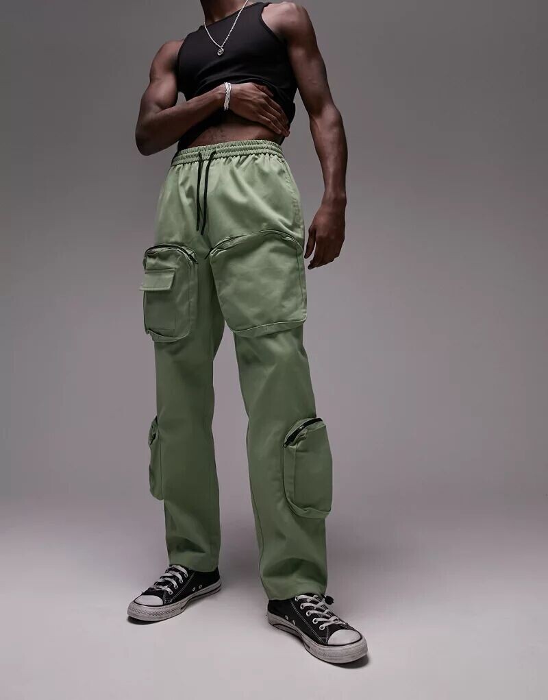 

Зеленые брюки карго прямого кроя с карманами спереди Topman