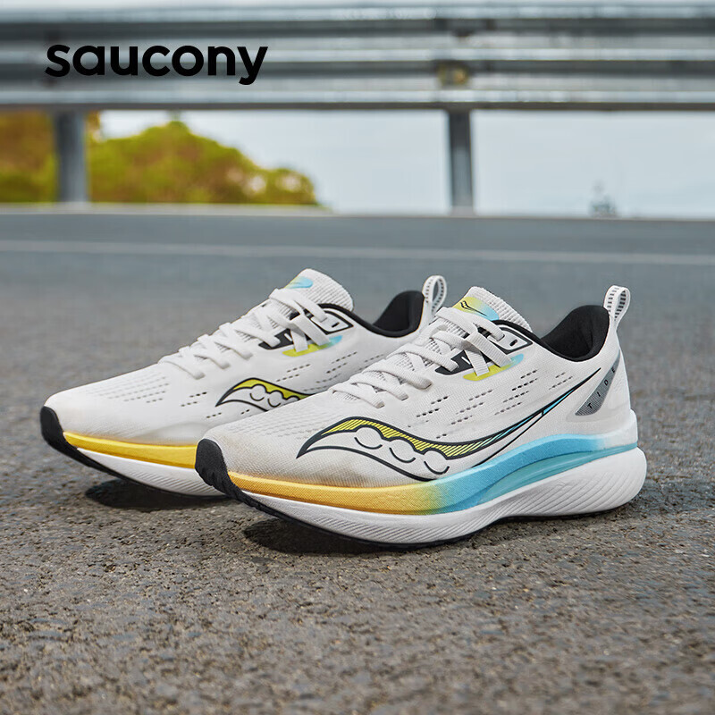 Кроссовки амортизирующие Saucony Tide для бега, белый / желтый / голубой