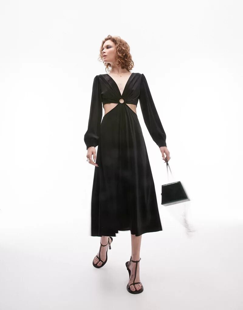 

Черное бархатное платье миди с вырезом и кольцом Topshop