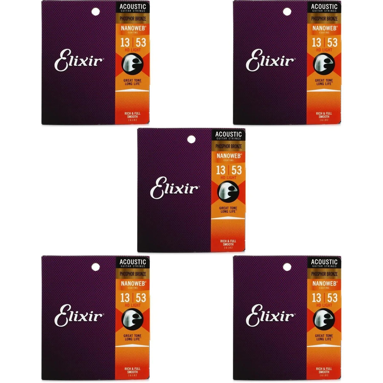 

Elixir Strings 16182 Nanoweb Струны для акустической гитары из фосфорной бронзы — .013-.053 HD Light (5 шт.)
