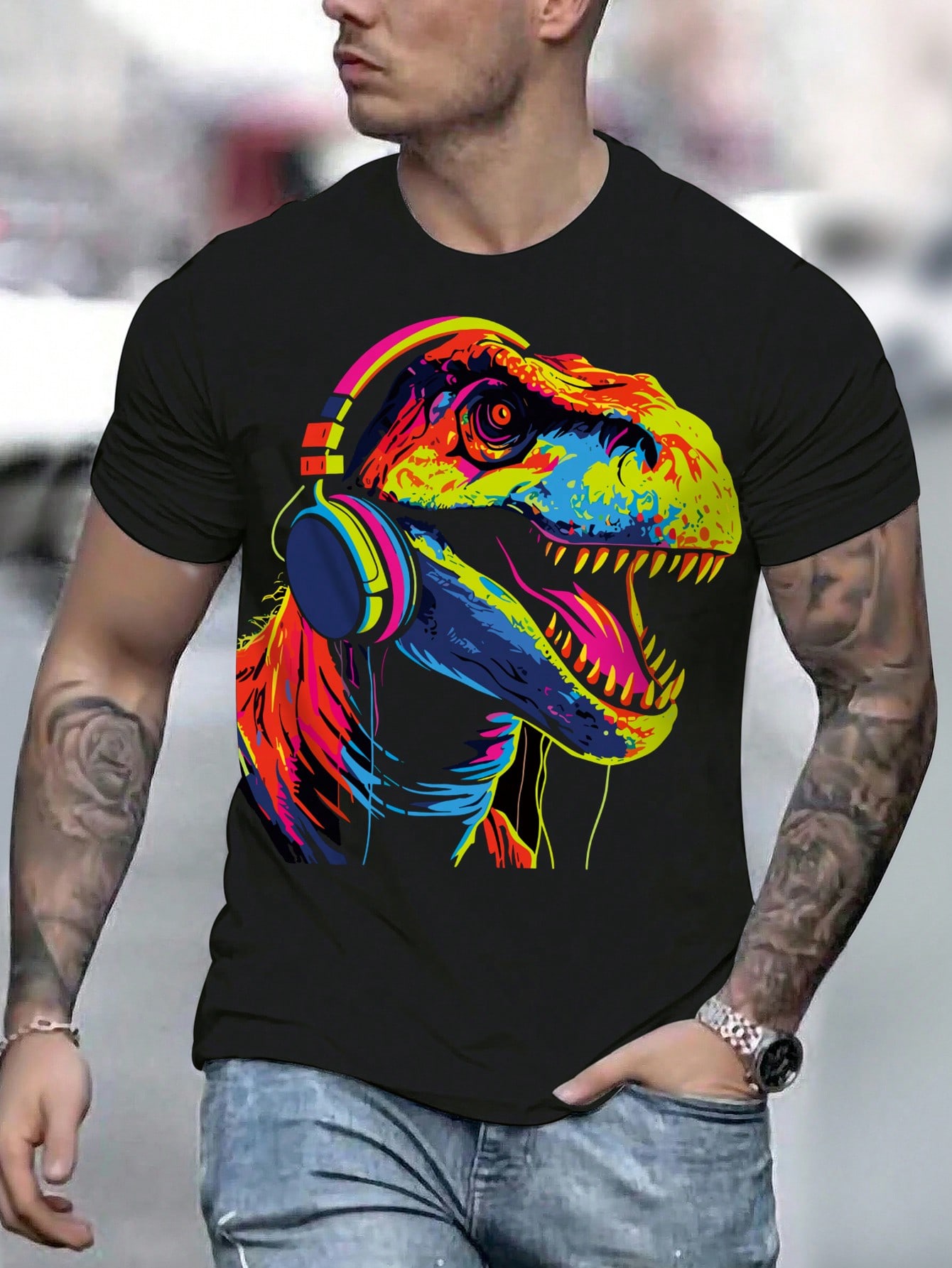 Мужская повседневная футболка с круглым вырезом Manfinity LEGND с принтом динозавра, черный