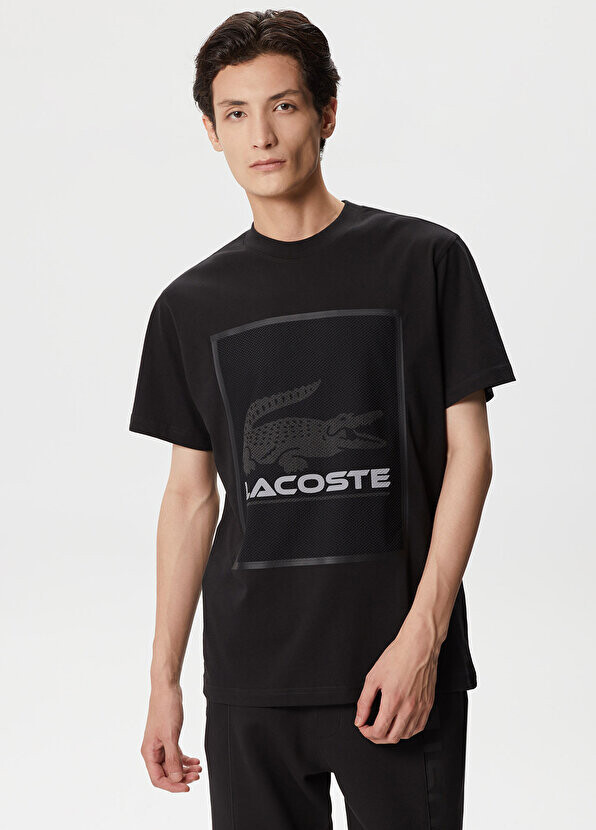 

Мужская черная футболка свободного кроя с круглым вырезом и принтом Lacoste, Черный