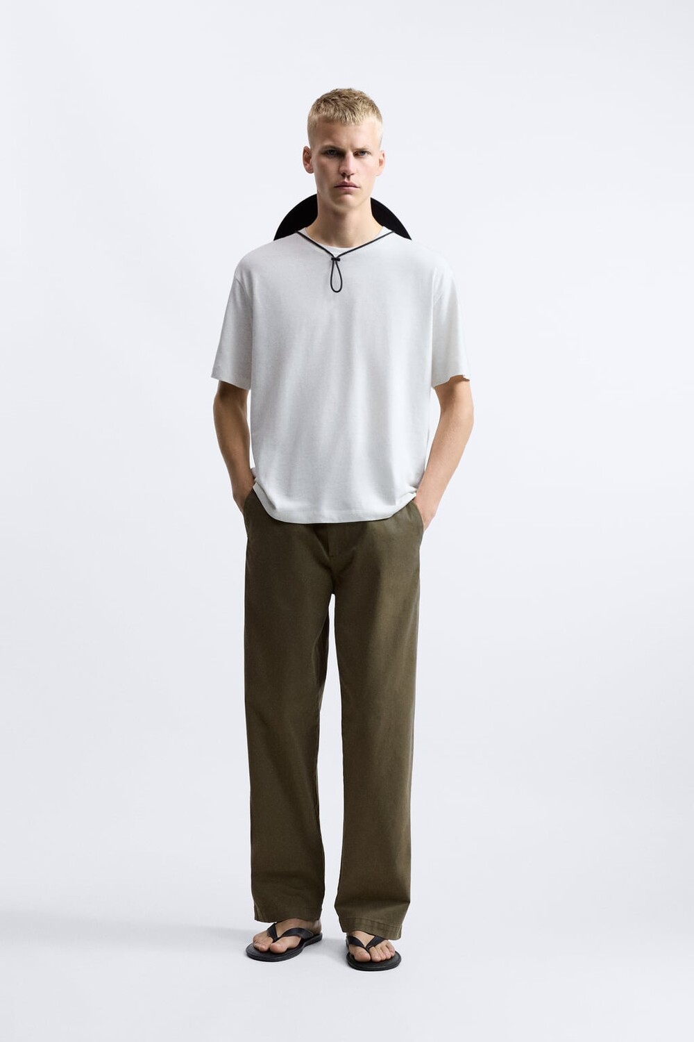 

Футболка из хлопка - льна ZARA, экру, Серый