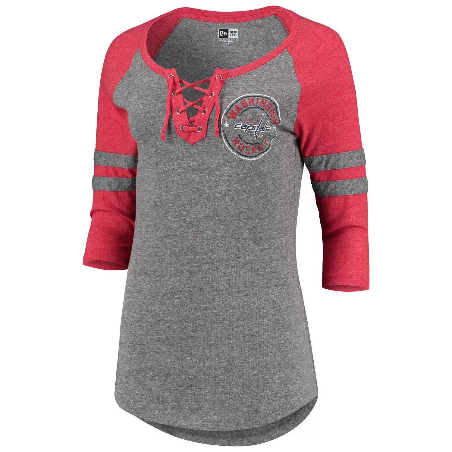 

Женская футболка 5th & Ocean by New Era Heathered Grey Washington Capitals с кружевными полосками реглан и полурукавами из трех смесей New Era