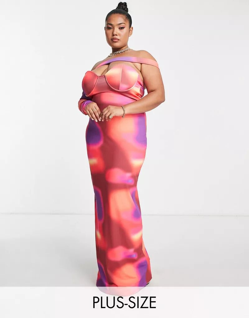 Розовое асимметричное платье макси с одним рукавом и абстрактным принтом SIMMI Plus Simmi London Plus