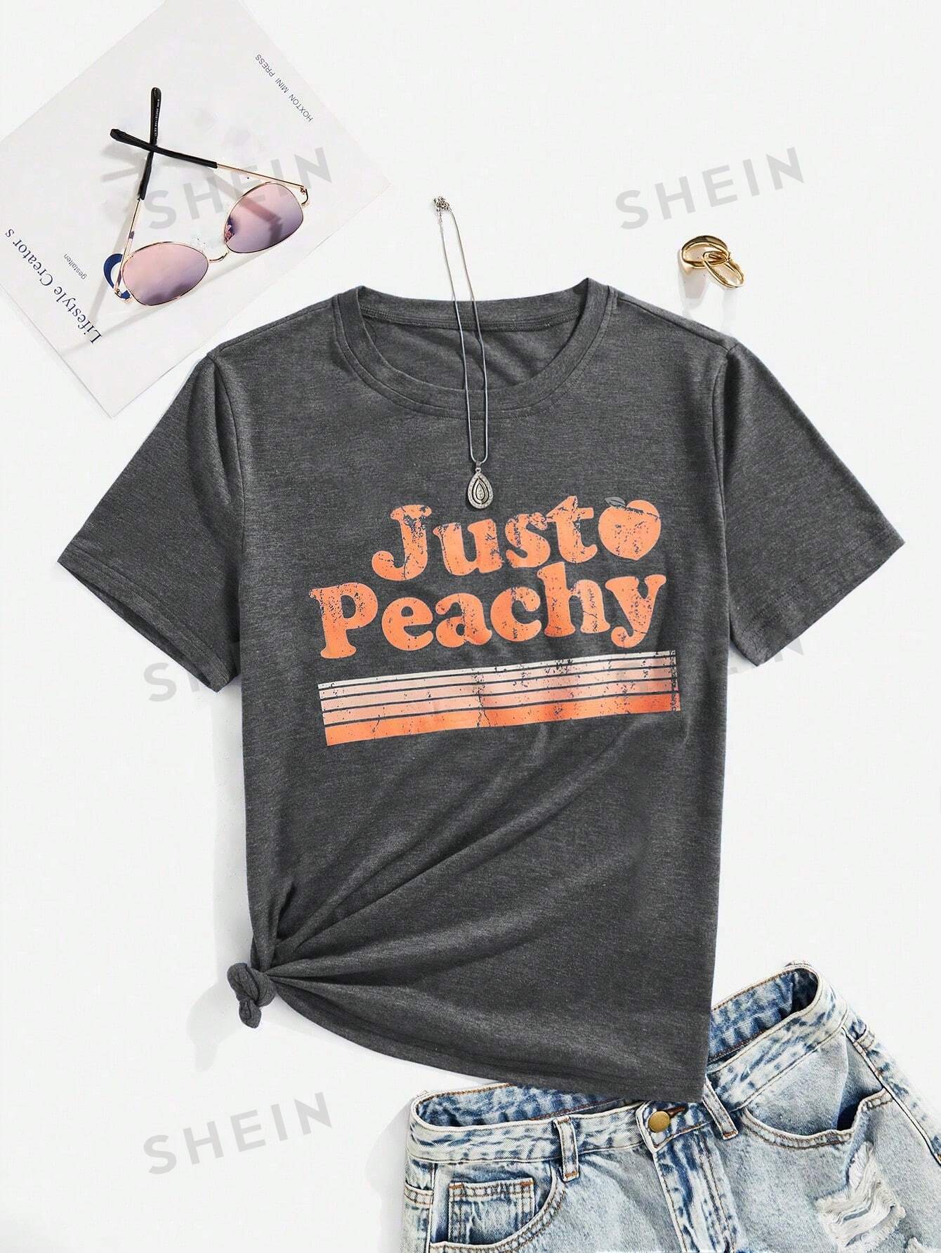 SHEIN VCAY Женская футболка с коротким рукавом и буквенным принтом, темно-серый