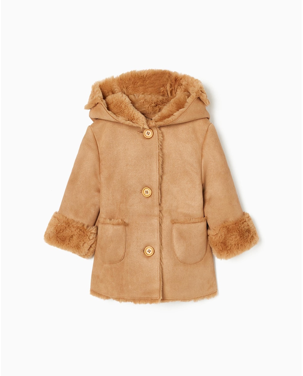 Пальто для девочки с капюшоном и меховой подкладкой Zippy, коричневый бежевое пальто для девочки с воротником из питерского хлеба zippy бежевый