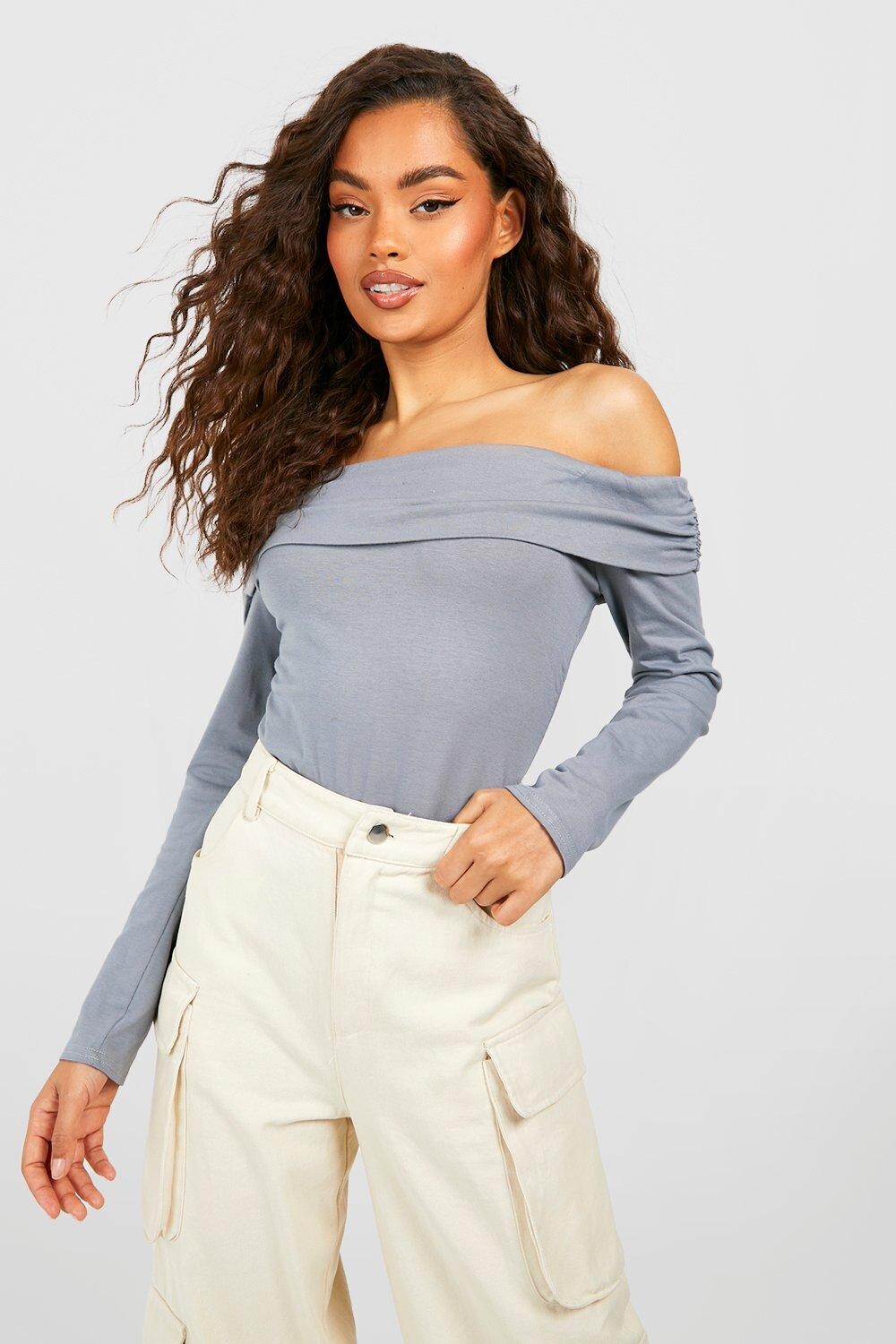 

Боди из хлопка с открытыми плечами Boohoo, серый