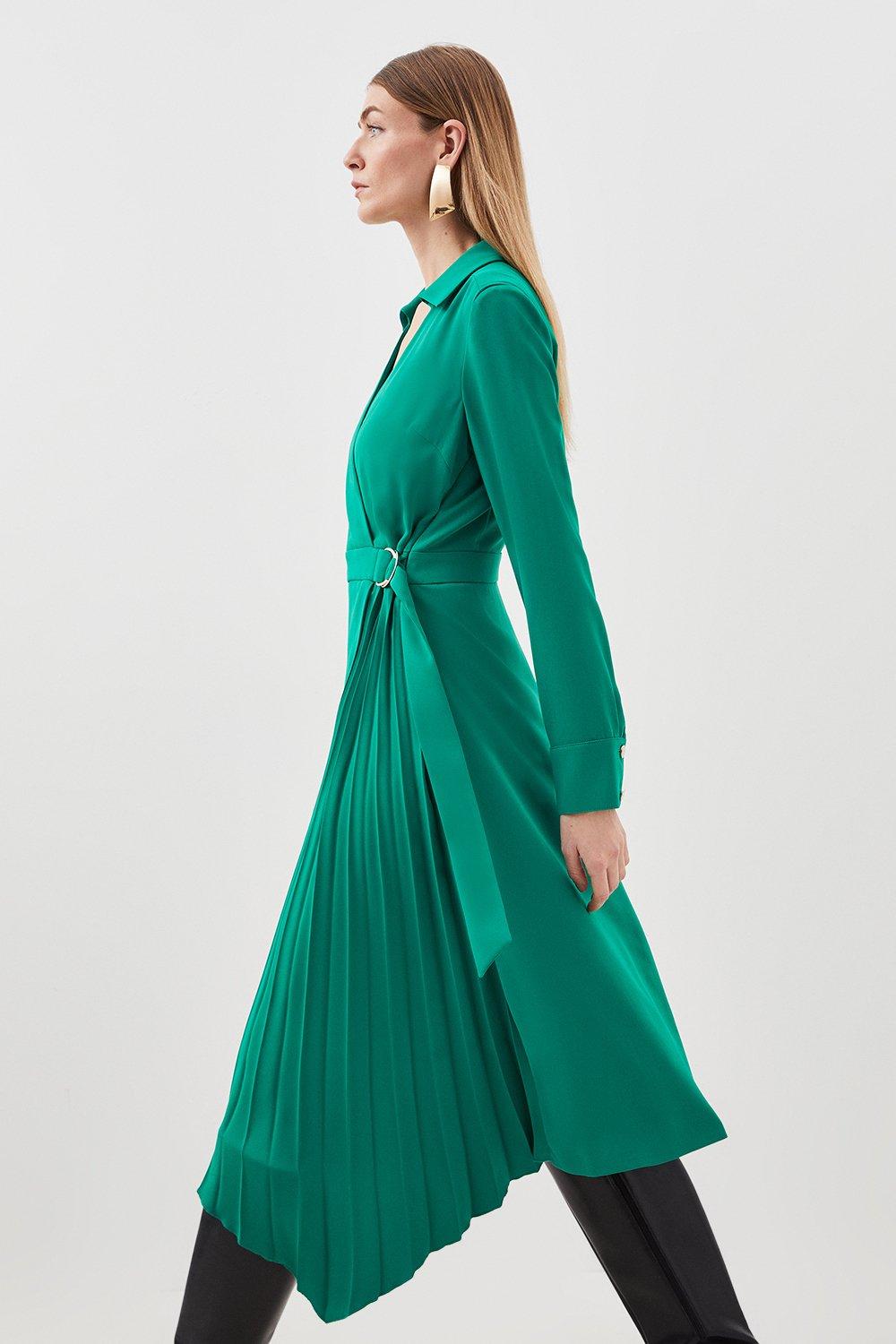 Мягкое приталенное платье-рубашка со складками и поясом Karen Millen, зеленый цена и фото