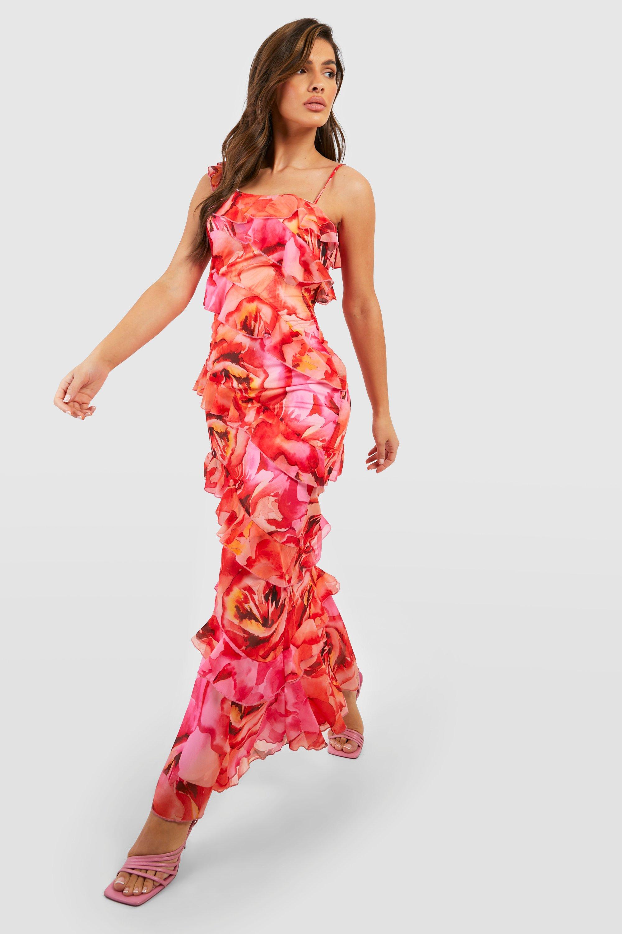 Асимметричное шифоновое платье макси с цветочными рюшами Boohoo, розовый