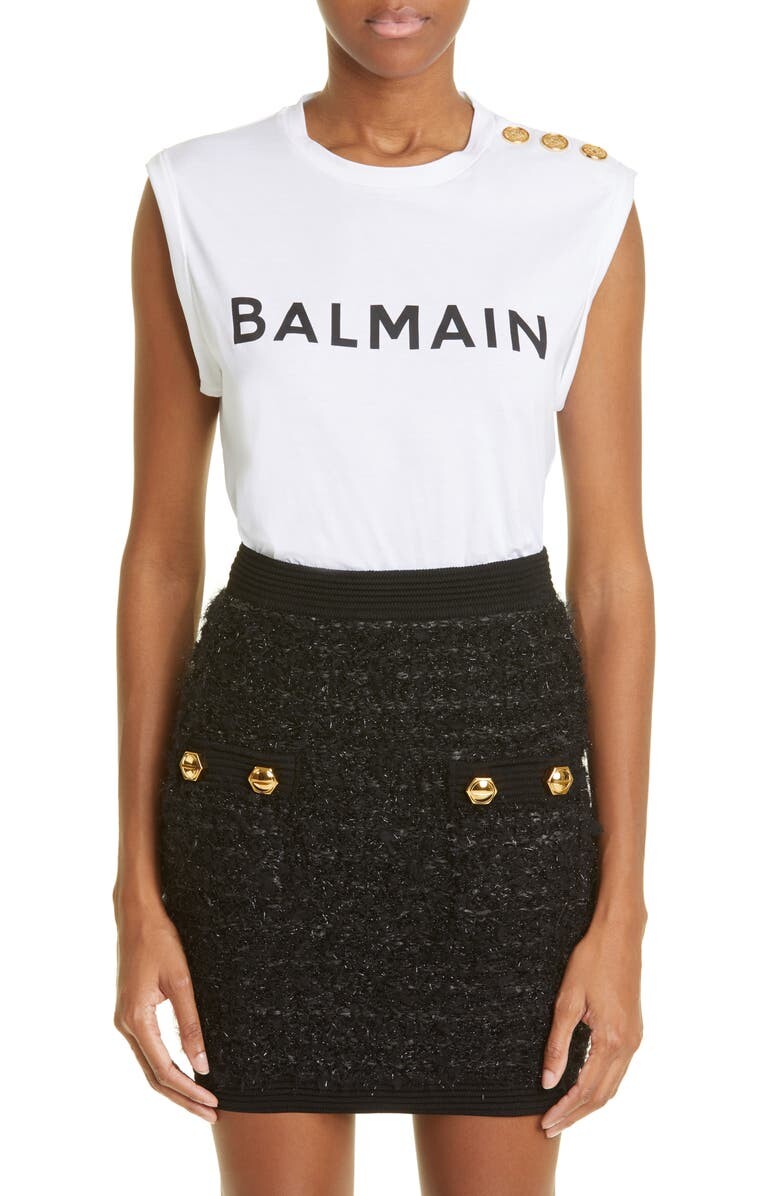 

Хлопковая майка с логотипом на трех пуговицах BALMAIN, белый/черный