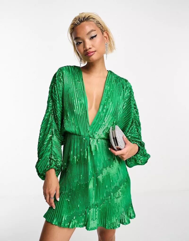 

Зеленое платье мини с украшением и рукавами-блузонами ASOS
