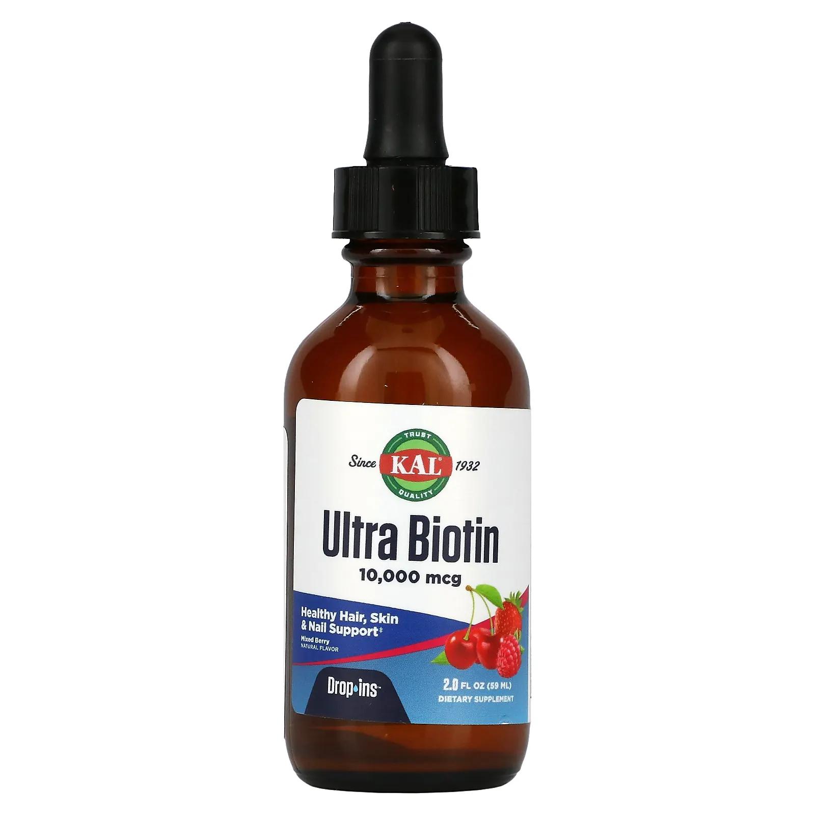KAL Биотин ультра натуральный ягодный вкус 10000 мкг 2 ж. унц. (59 мл) цена и фото