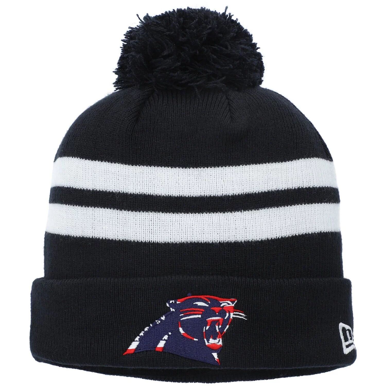 

Мужская вязаная шапка New Era Navy Carolina Panthers в патриотическую полоску с манжетами и помпоном