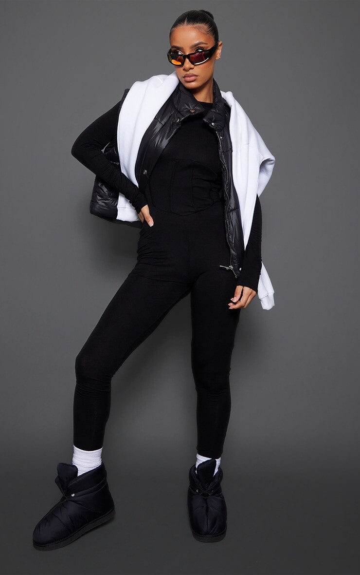 

PrettyLittleThing Черный трикотажный комбинезон с переплетом и длинными рукавами