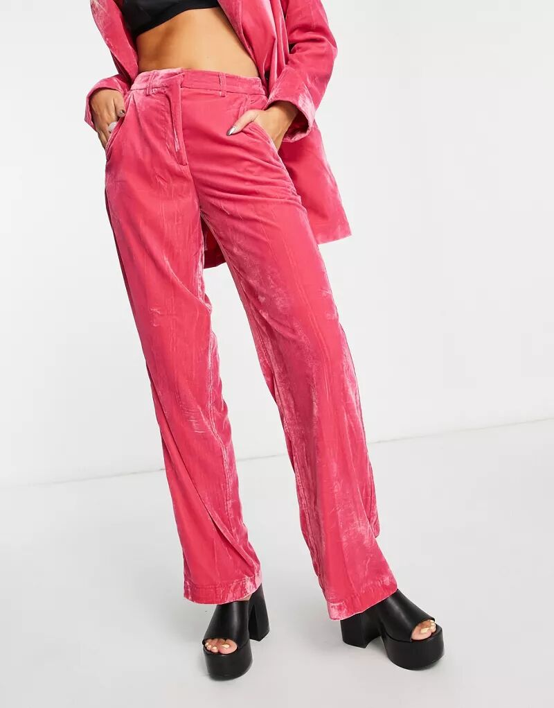 Ярко-розовые бархатные широкие брюки с завышенной талией JJXX
