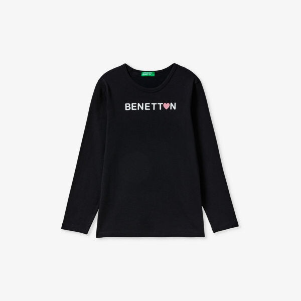 

Хлопковая футболка с длинными рукавами и логотипом, 6–14 лет Benetton, черный