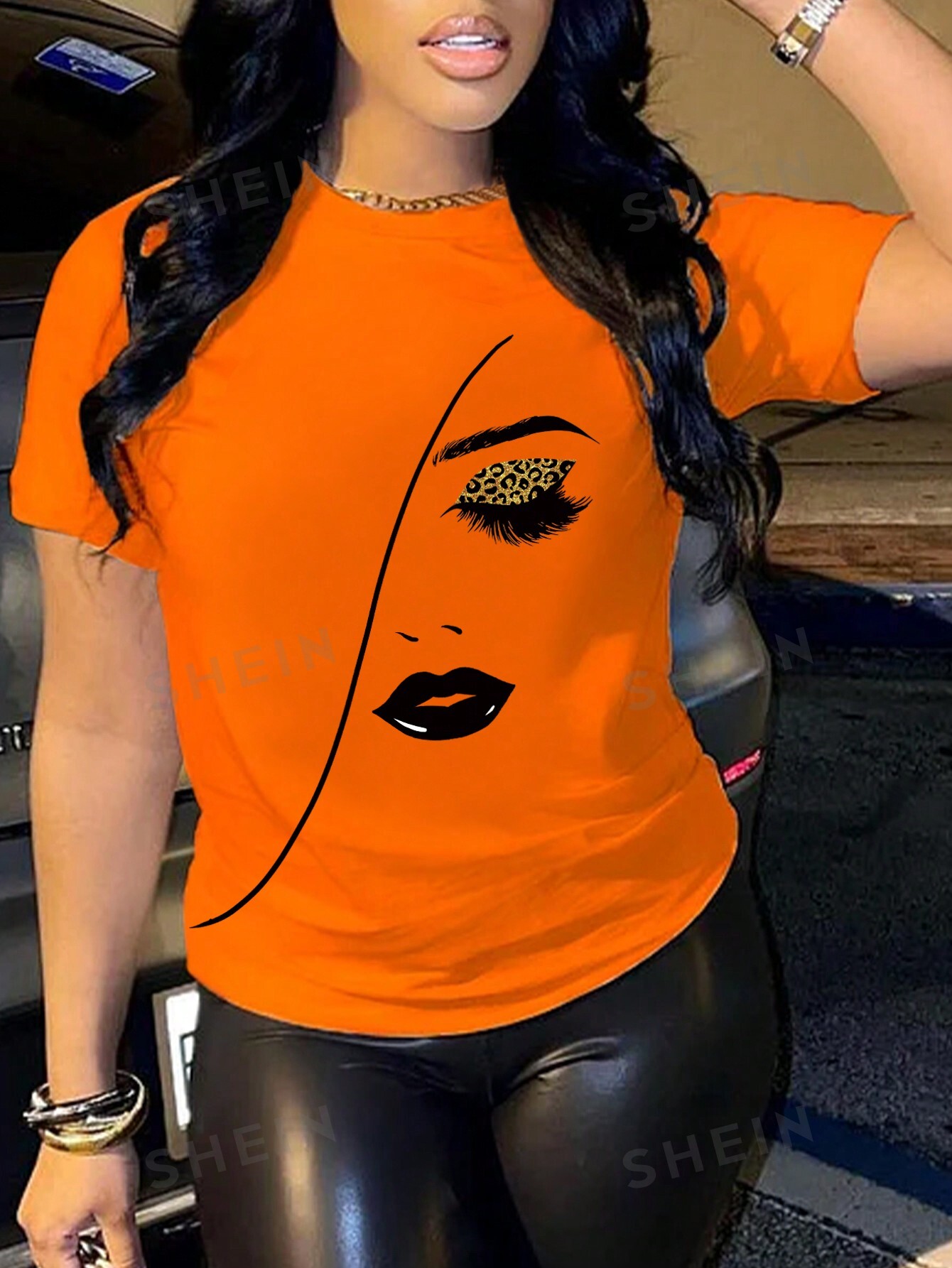 SHEIN Slayr Женская футболка с коротким рукавом и принтом человеческого лица, апельсин