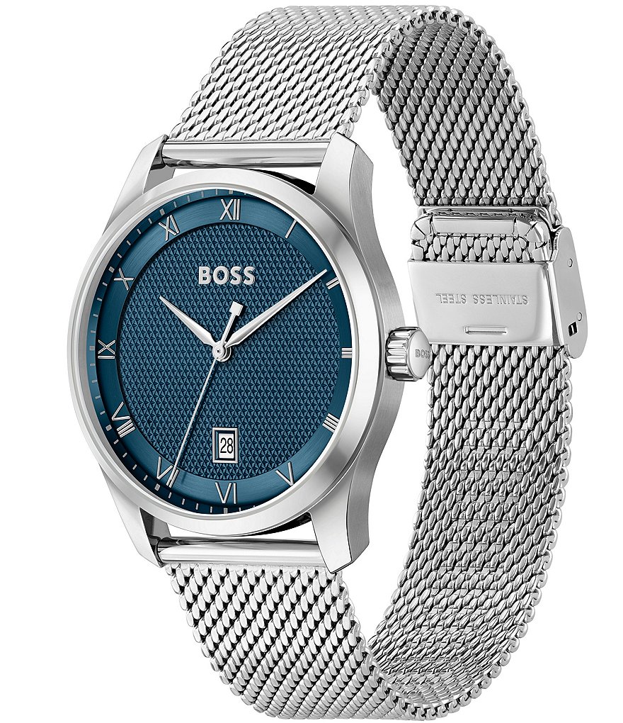 Мужские аналоговые кварцевые часы Hugo Boss с сетчатым браслетом из нержавеющей стали, серебро