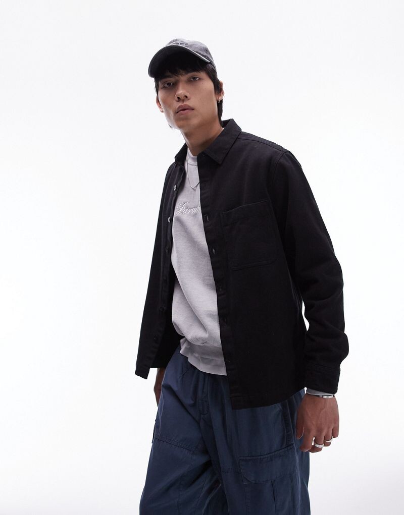 

Черная твиловая рубашка на пуговицах с длинными рукавами Topman