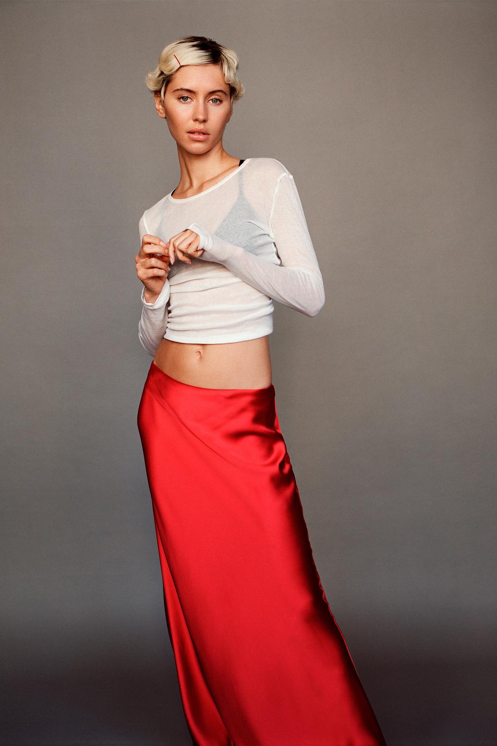 Длинная атласная юбка ZARA, красный юбка женская плиссированная длинная с завышенной талией