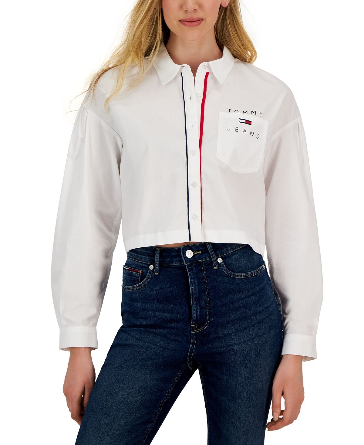 

Женская хлопковая укороченная рубашка на пуговицах спереди Tommy Jeans, белый