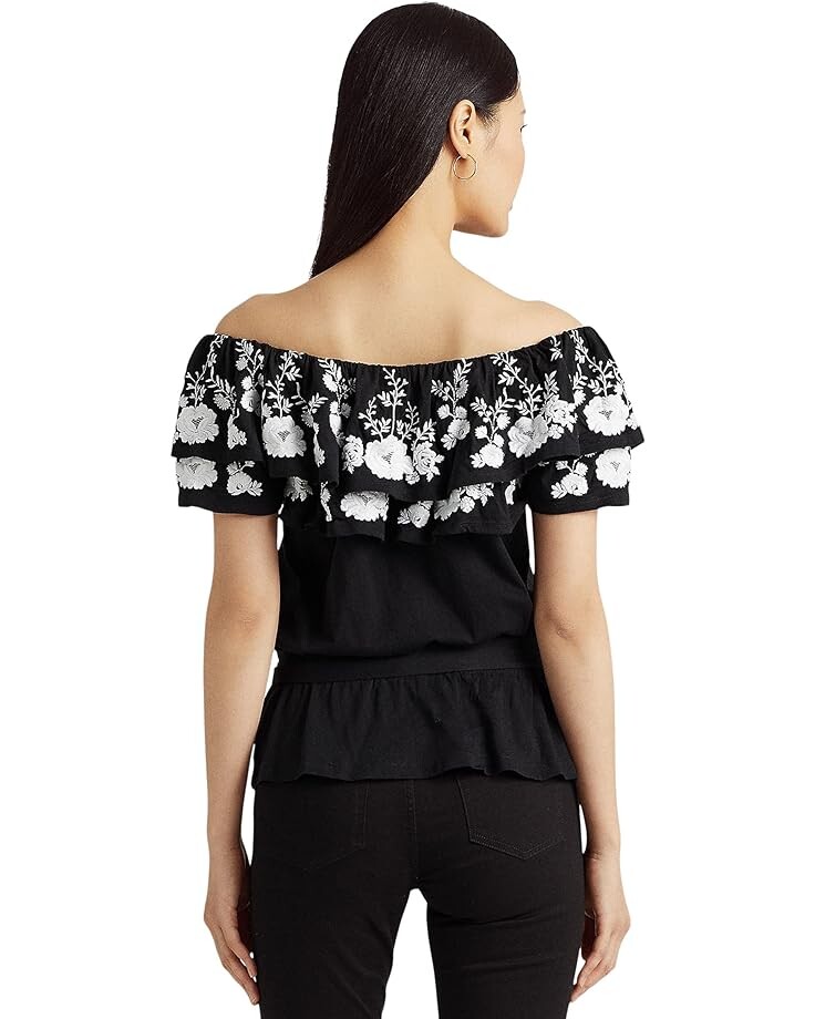 

Топ LAUREN Ralph Lauren Embroidered Jersey Off-the-Shoulder Top, черный/белый