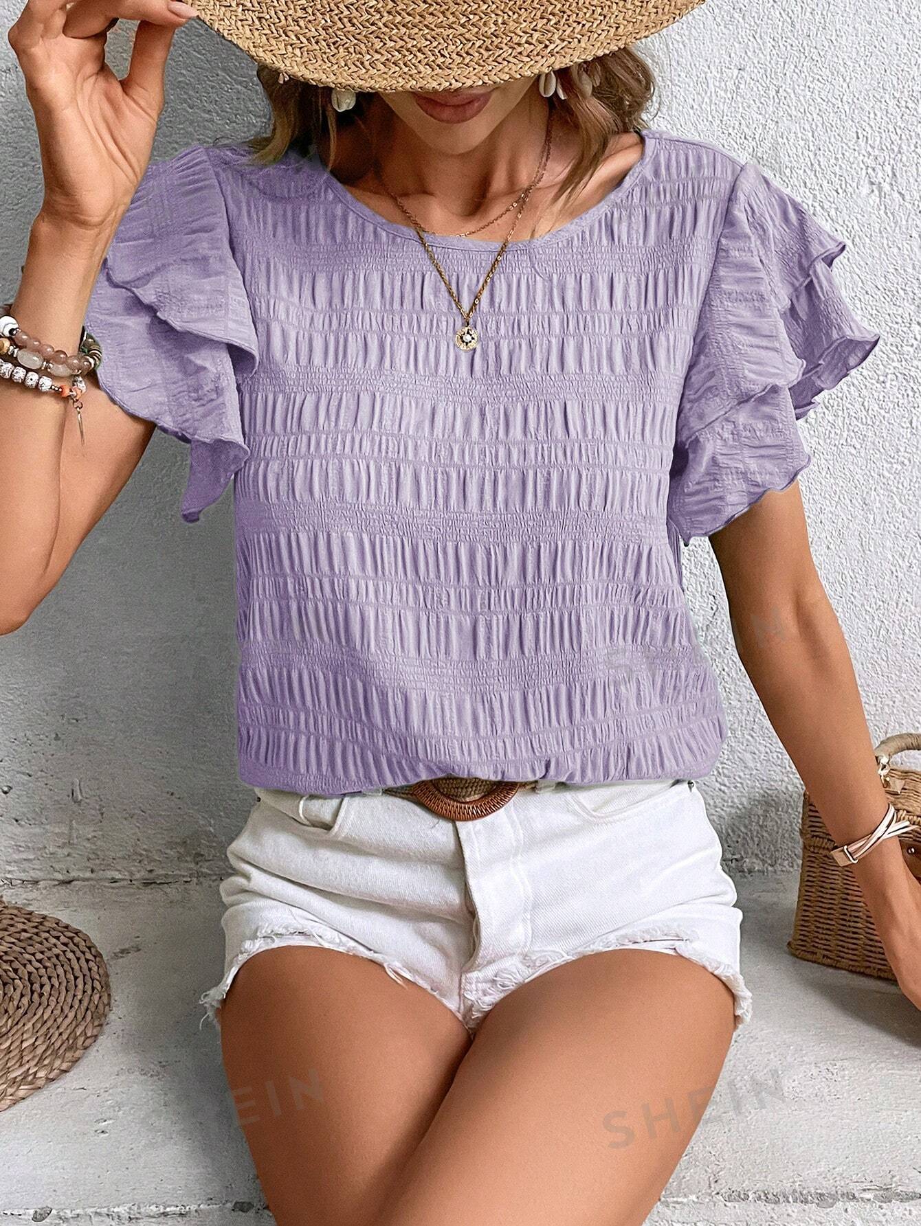 цена SHEIN LUNE Женская блузка с круглым вырезом и оборками на рукавах, сиреневый фиолетовый