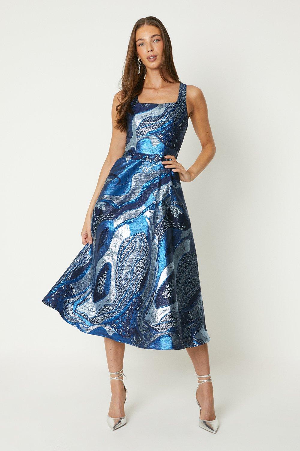 Жаккардовое платье миди с квадратным вырезом Coast, синий