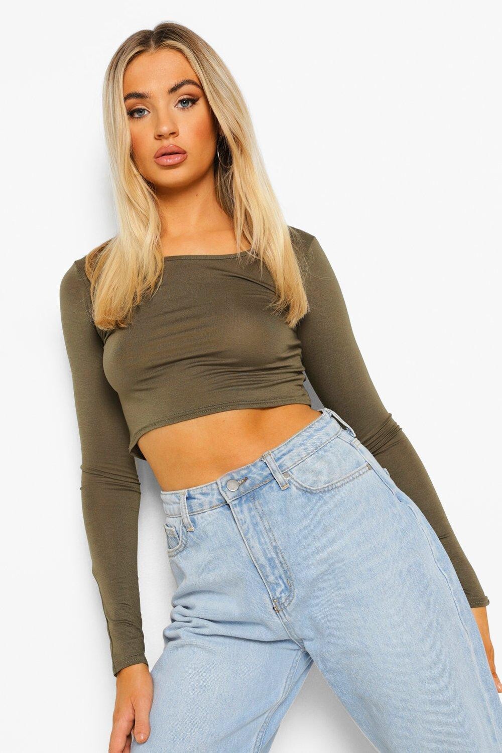 

Базовый укороченный топ с длинными рукавами Boohoo, хаки