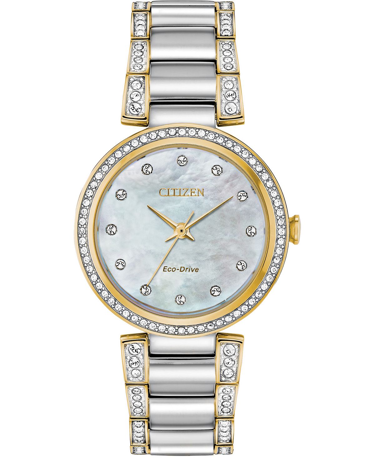 цена Eco-Drive Женские двухцветные часы с браслетом из нержавеющей стали с силуэтом и кристаллами, 28 мм Citizen
