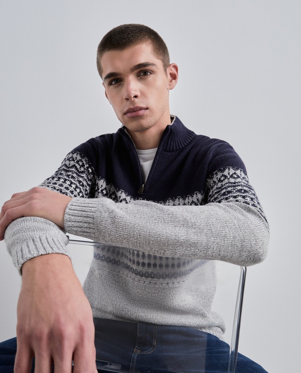 

Мужской жаккардовый свитер на полумолнии Easy Wear, темно-синий