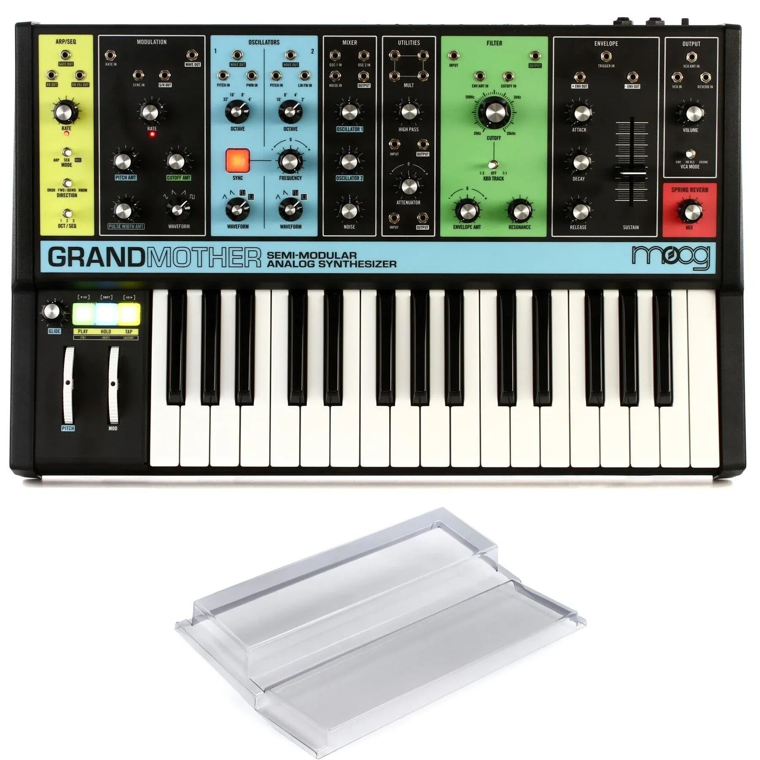 

Полумодульный аналоговый синтезатор и пошаговый секвенсор Moog Grandmother с крышкой Decksaver