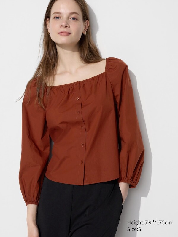 

Квадрат хлопок блузка шеи Uniqlo, коричневый