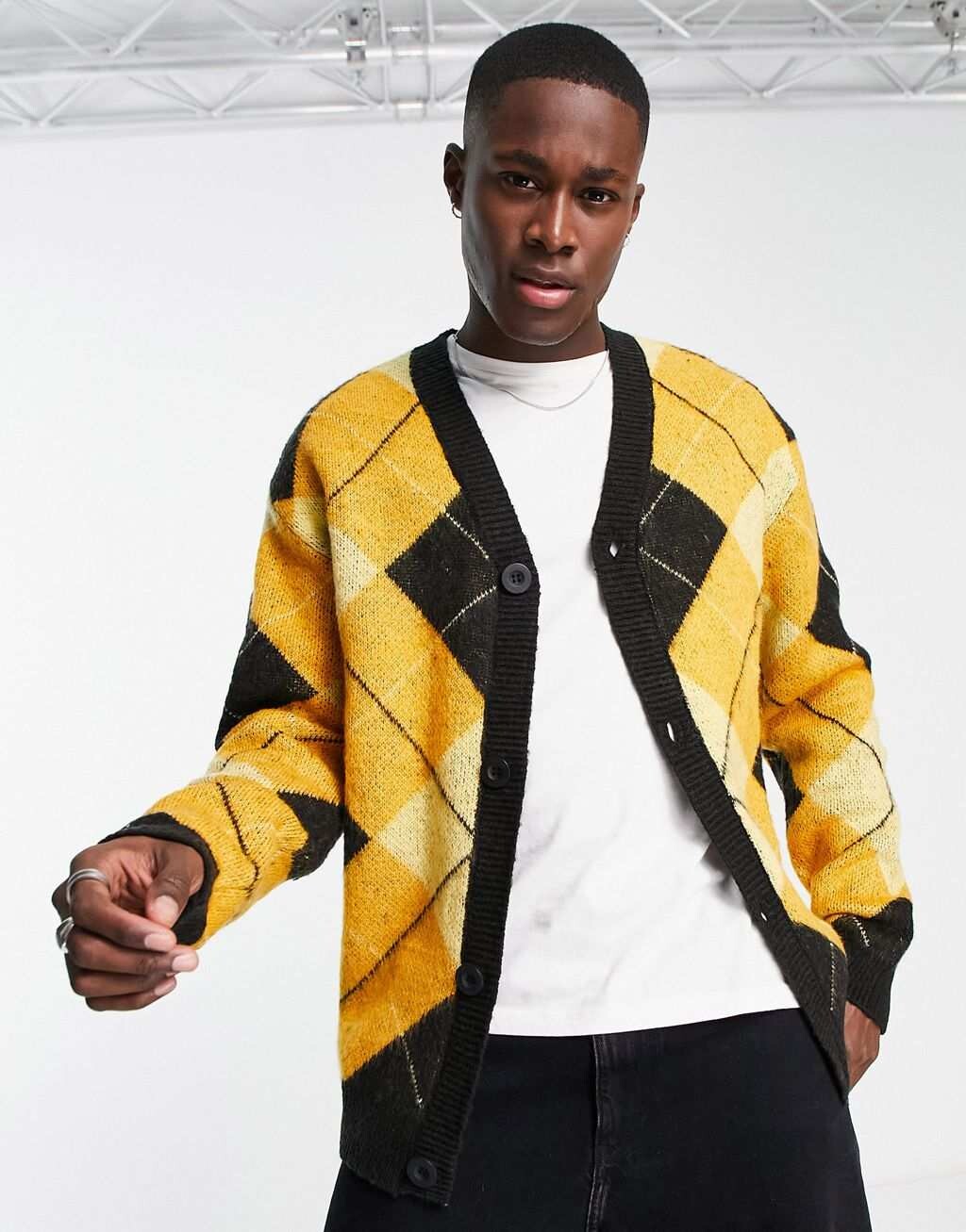 

Черный кардиган вязки с узором аргайл River Island