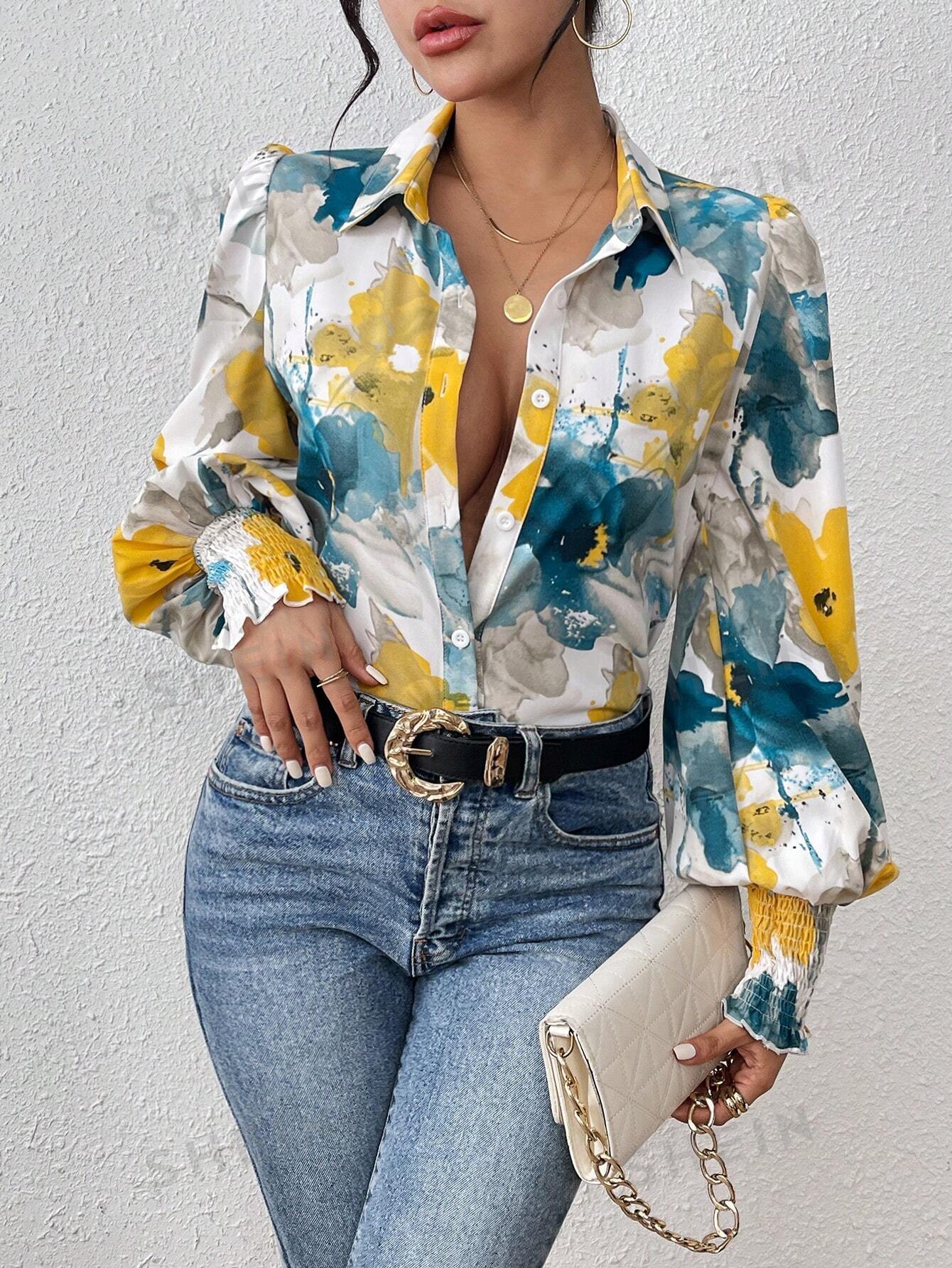 SHEIN VCAY Рубашка на пуговицах с длинным рукавом и цветочным принтом, синий