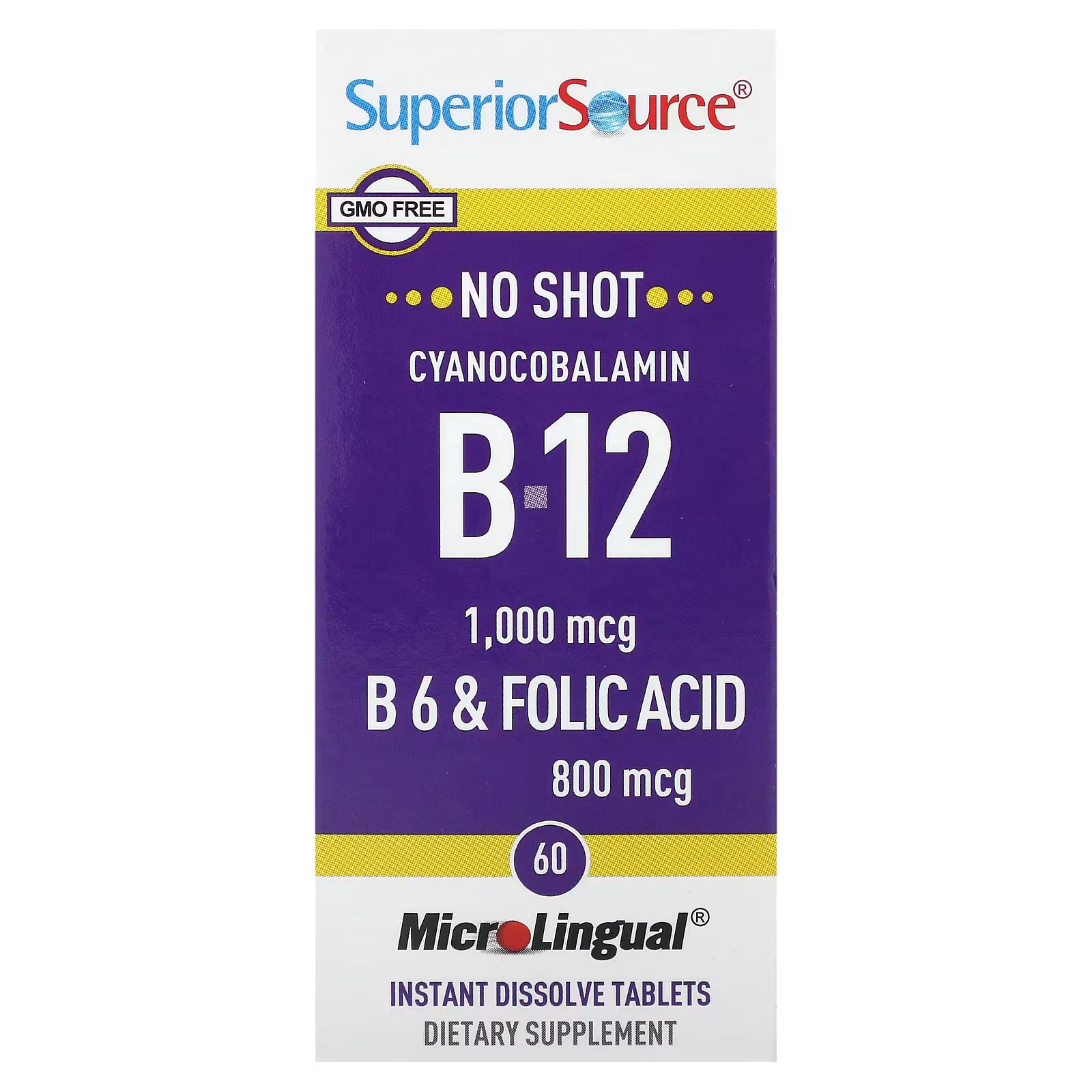 Цианокобаламин B-12 B-6 и фолиевая кислота MicroLingual Superior Source, 60 растворяющихся таблеток метилкобаламин b 12 superior source 90 растворяющихся таблеток