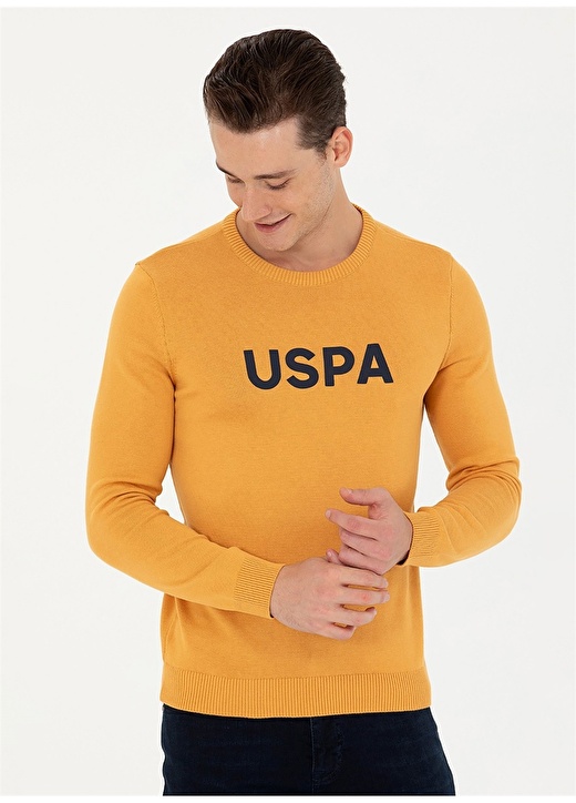 Мужской горчичный свитер узкого кроя с круглым вырезом U.S. Polo Assn.