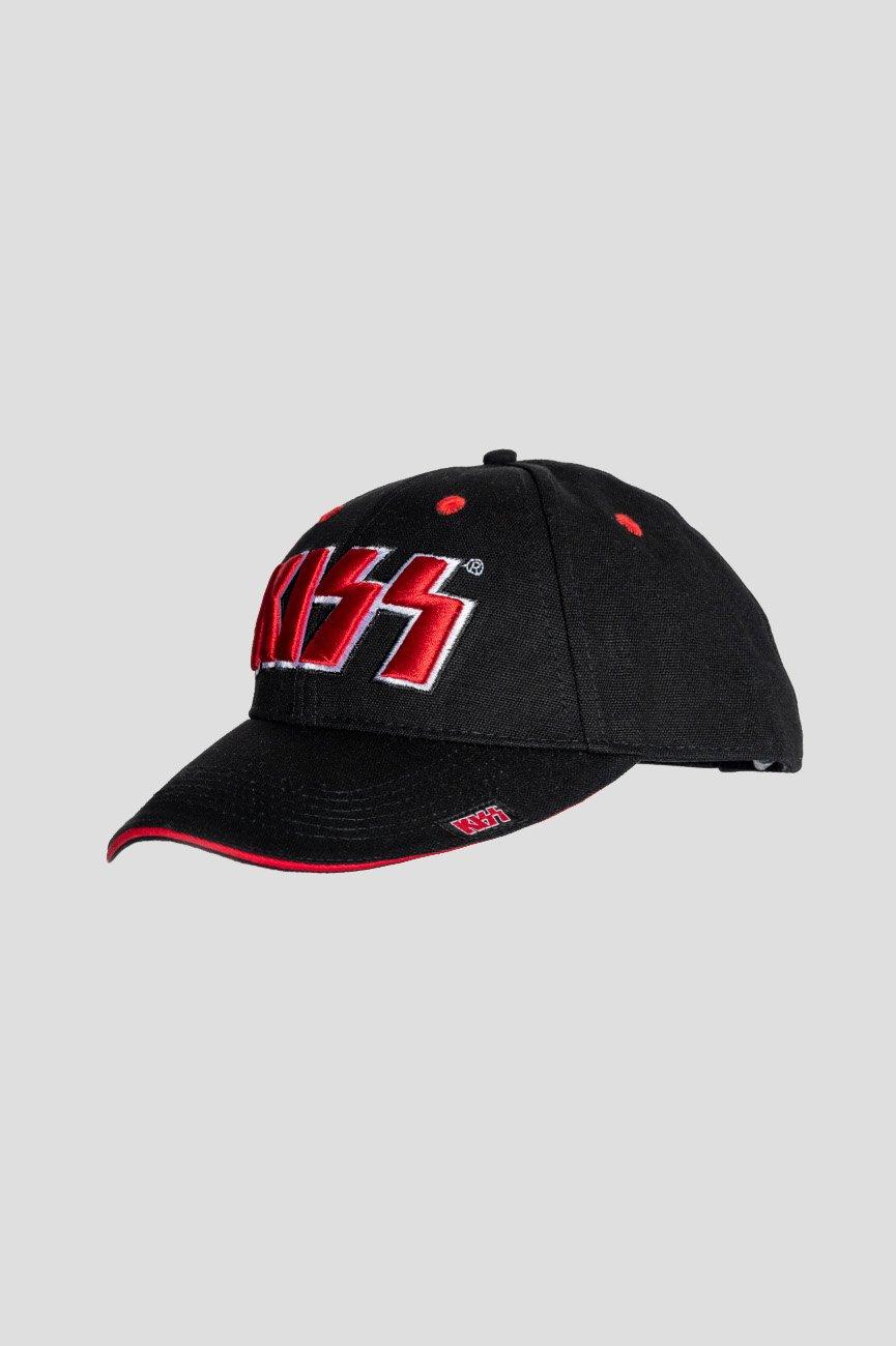 Классическая бейсболка с ремешком на спине, красно-белая полоска с логотипом и логотипом KISS, черный