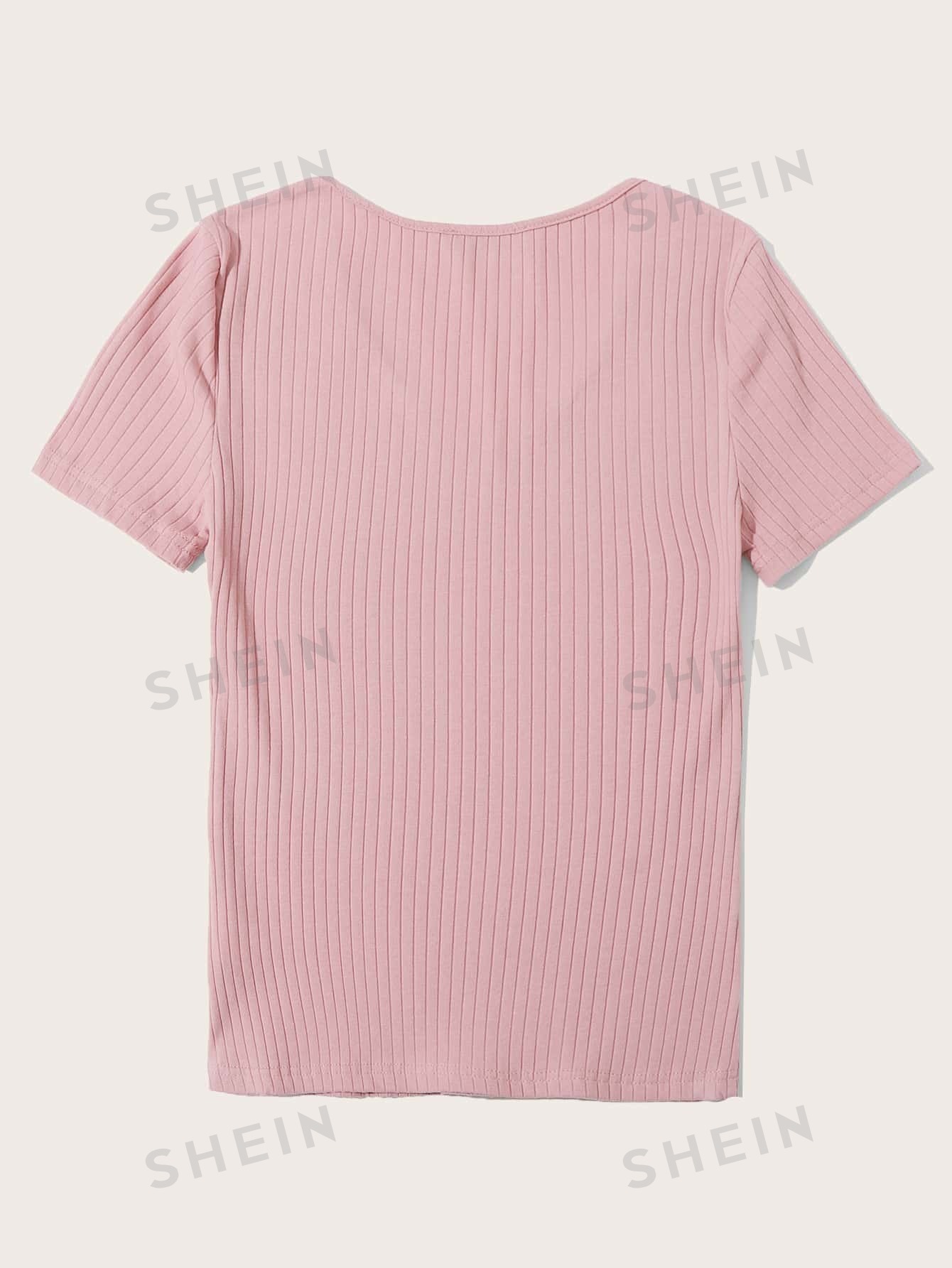 SHEIN Essnce однотонная повседневная трикотажная футболка в рубчик с короткими рукавами, розовый осенние повседневные базовые топы женские топы 3xl 4xl свободные футболки с v образным вырезом и длинным рукавом однотонные kkfy6350