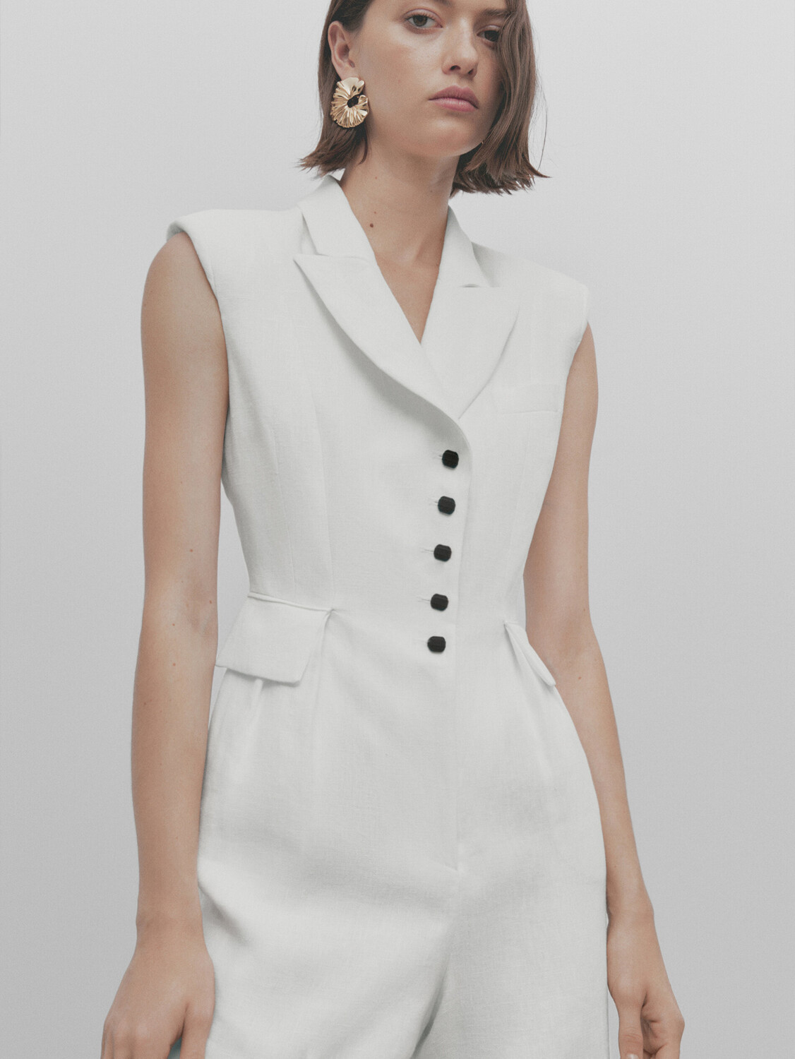 

Льняной комбинезон с подплечниками Massimo Dutti, белый