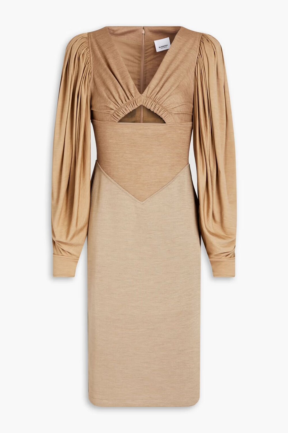 

Платье из джерси из шерсти и шелка с вырезом и сборкой Burberry, песок