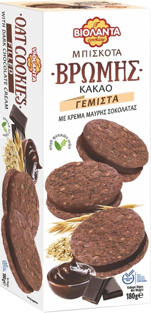 

Печенье двойное с какао-овсяной начинкой и кремом из темного шоколада 1800г из Греции Violanta