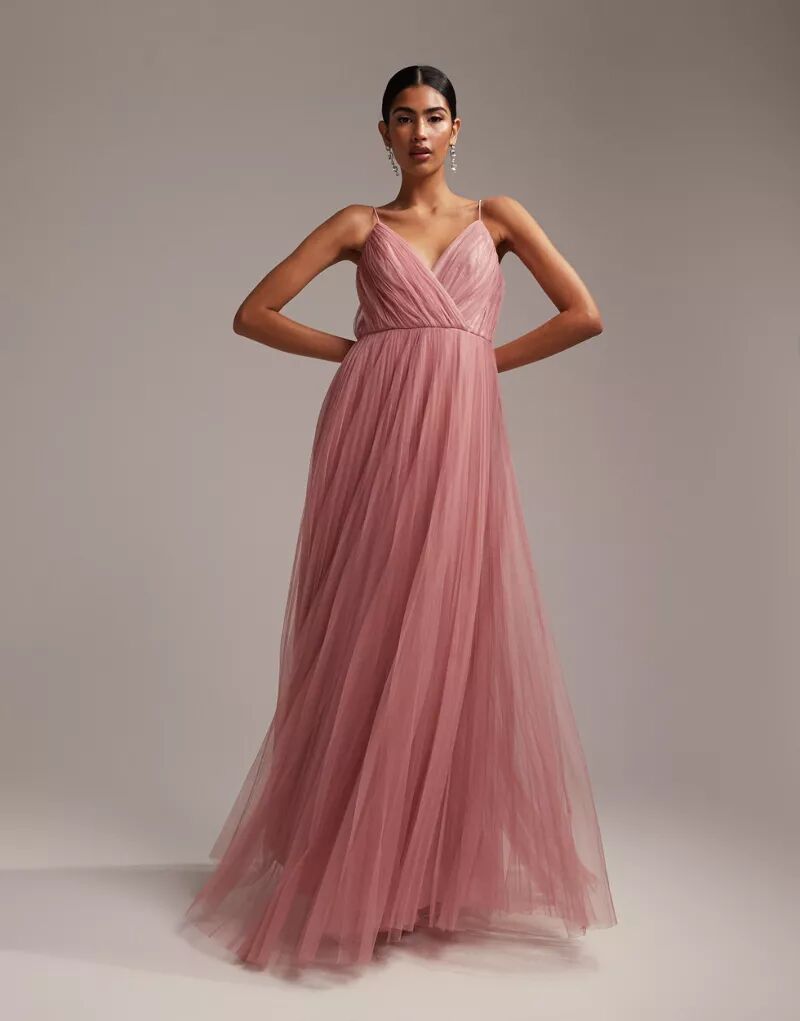 Розовое платье макси из тюля со складками ASOS Bridesmaid