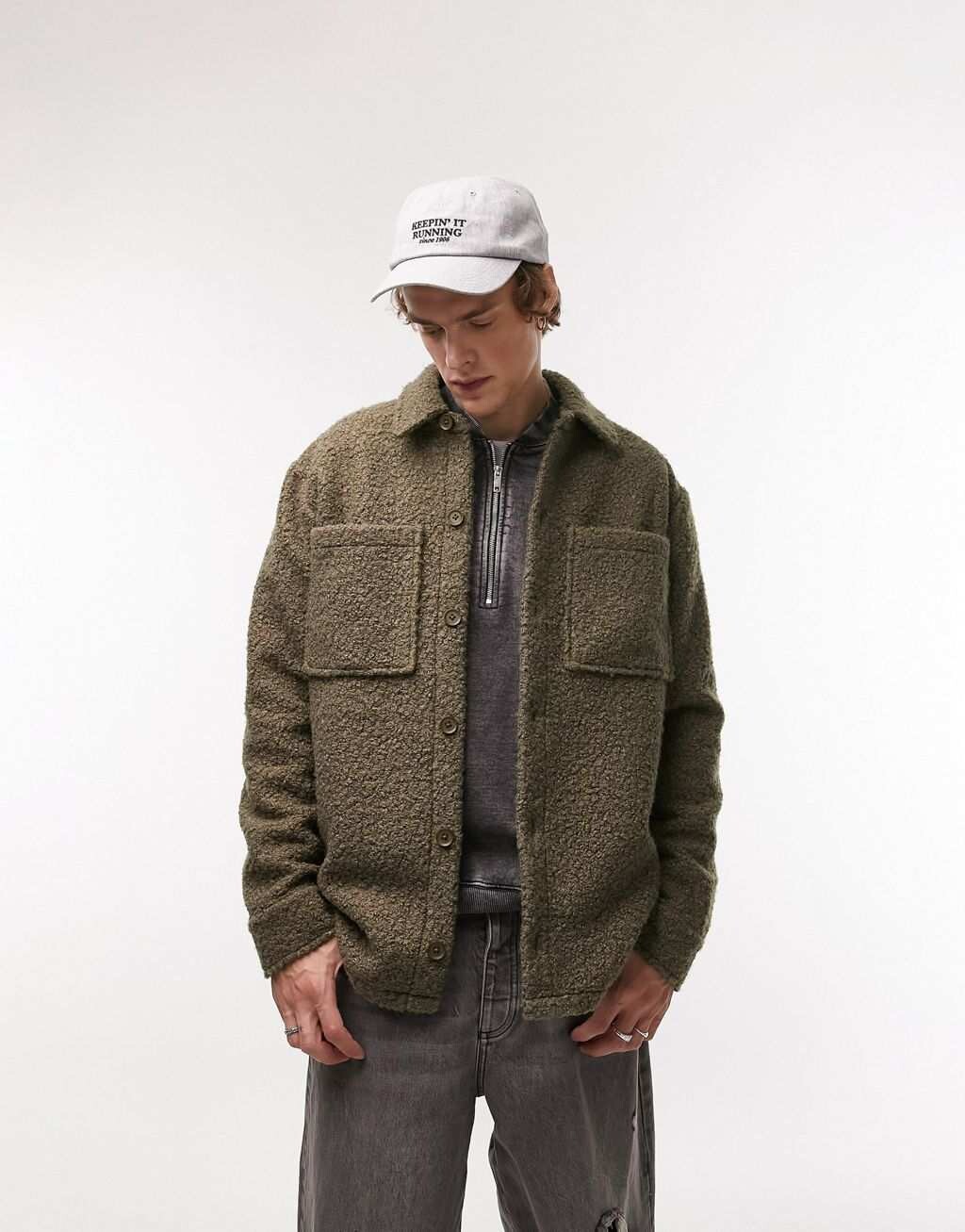 

Текстурированный пуховик на пуговицах цвета хаки Topman