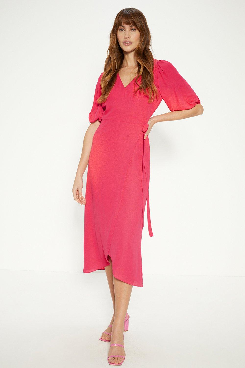 Платье миди с короткими рукавами и запахом Oasis, розовый фото