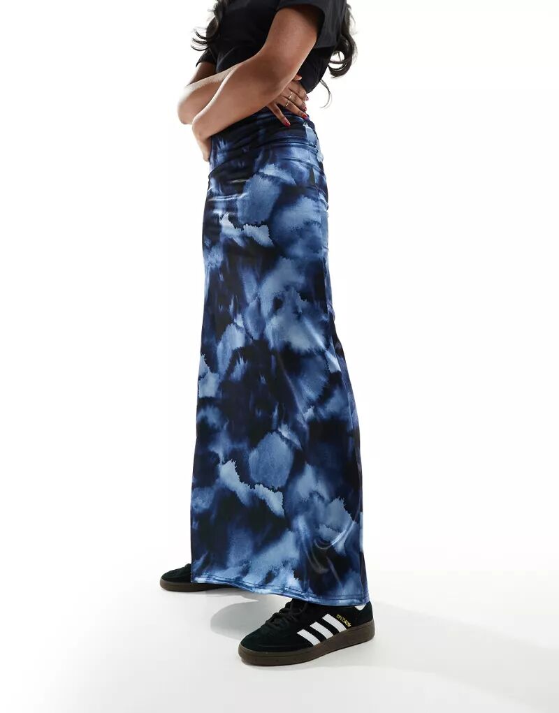 Синяя юбка макси из атласного твила ASOS с цветочным принтом